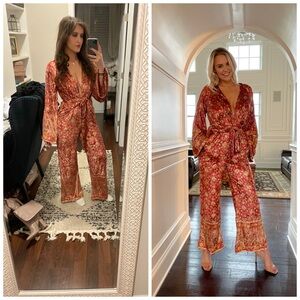 Free People Harper Velvet Paisley Jumpsuit Yellow Red Size XS